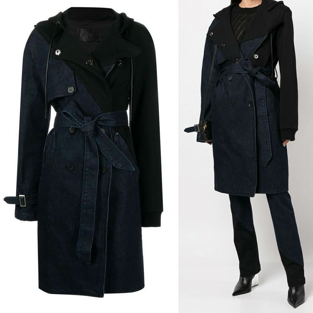 RtA Belinda Denim Hoodie Trench Coat Dark Indigo Blue/Black Contrast Sz XS